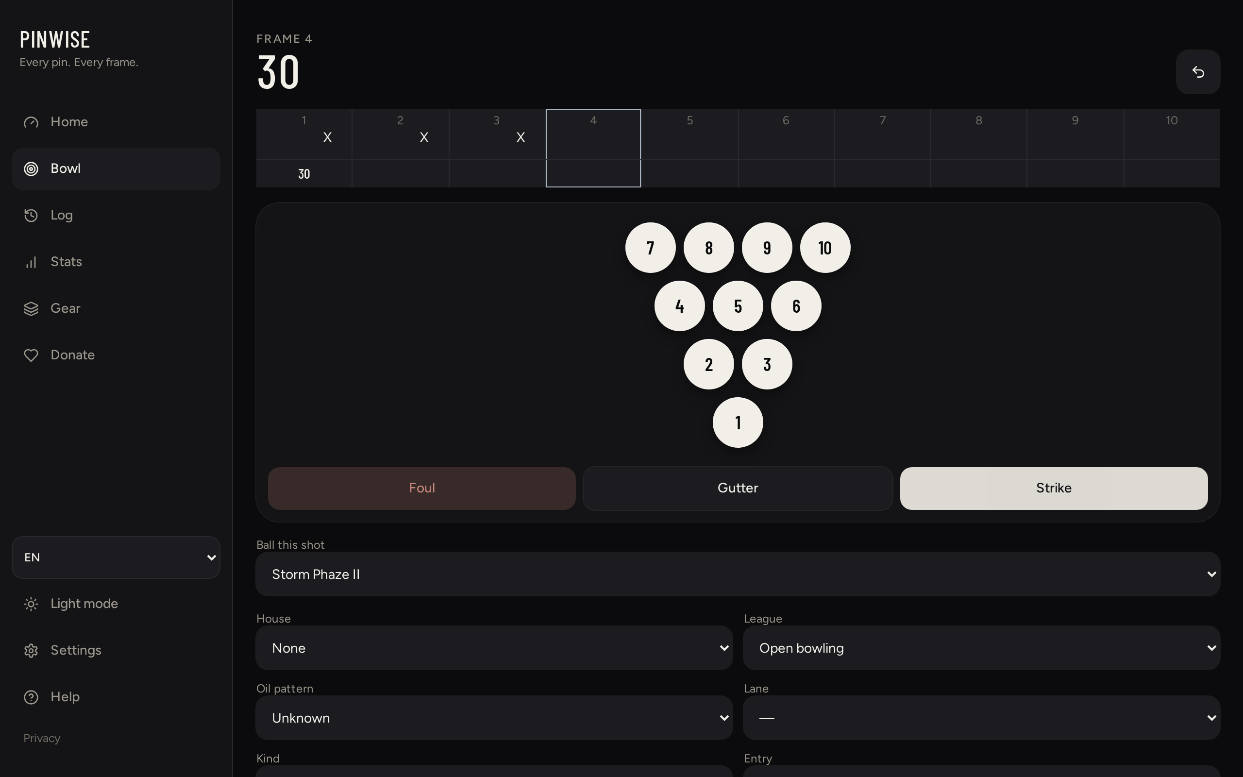 Three strikes entered on the Pinwise scoreboard