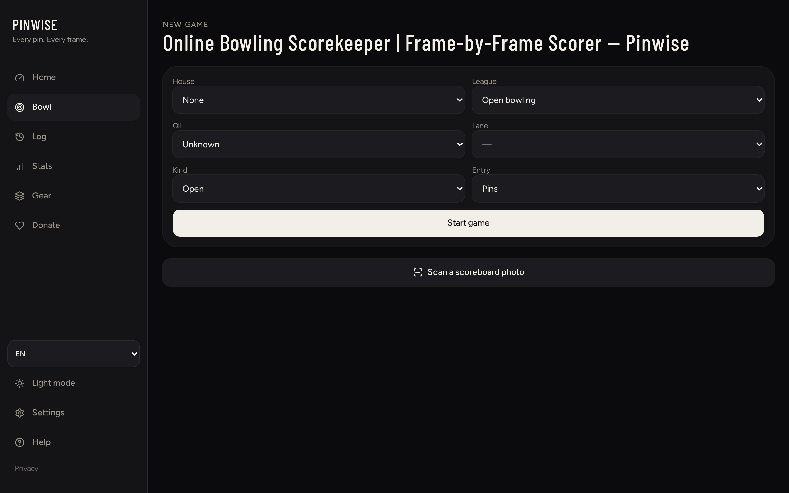 Starting a game: house, league, oil, lane, and entry mode