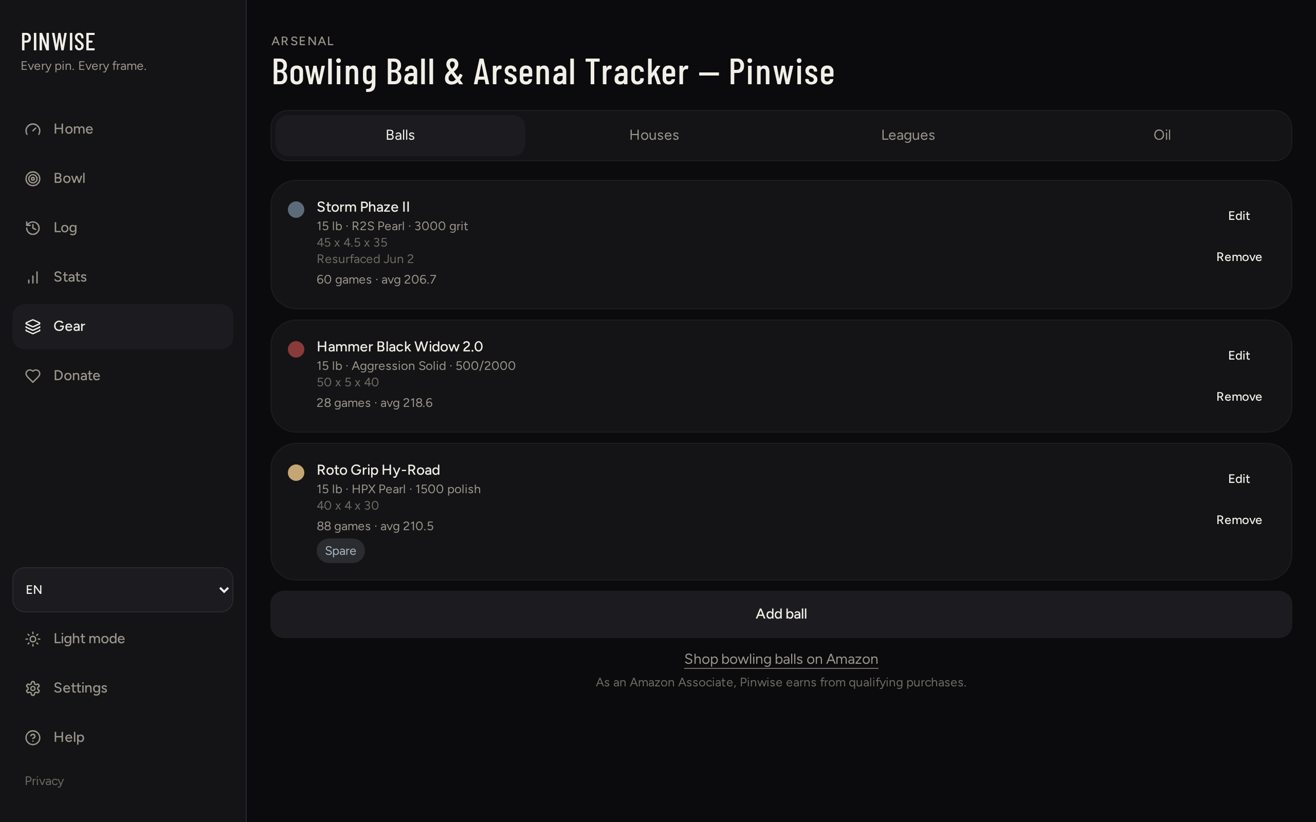 Bowling ball arsenal with brand, weight, and coverstock